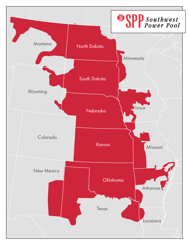 THREAD: If you're wondering -- here is a map of the  @SPPorg service area. Southwest Power Pool is the organization that asked for "controlled interruptions" or rolling blackouts of much of the Midwest today. Power companies in KS and W. Mo. are in this power pool.  @kmbc  https://twitter.com/SPPorg/status/1361381521630838785