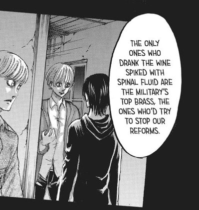 We also know that Eren knew about the wine spiked with spinal fluid, which basically guarantees Zeke’s safety (this means that Eren’s plan wouldn’t be in danger and even if it was, he would’ve found an alternative). So what is the baby for? To save her life?