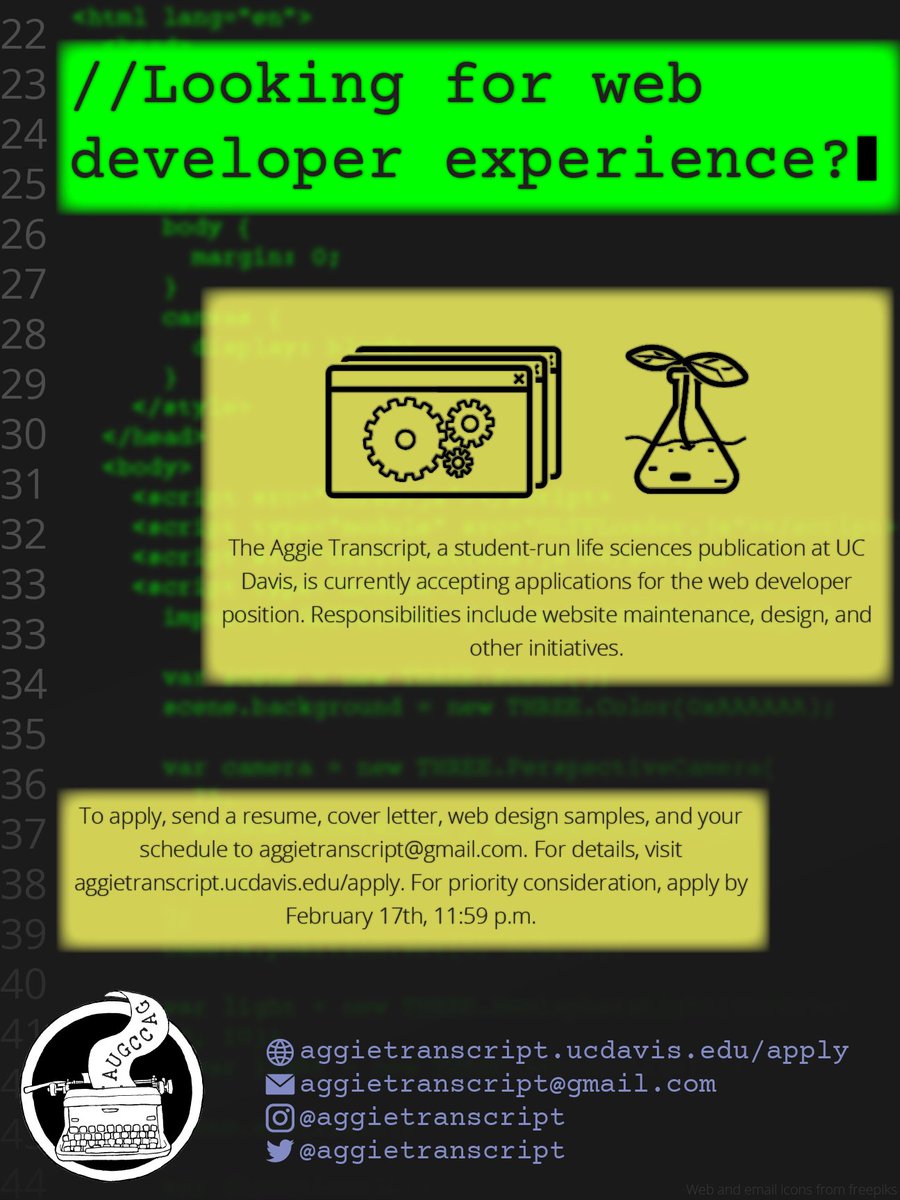 aggietranscript's tweet image. APPLY: Our priority deadline for web developer applications is this Wednesday, 11:59 p.m. We will continue to accept and review apps after this deadline. Visit aggietranscript.ucdavis.edu/apply for more information. #SciComm @ASUCDofficial  @ucdavisbiology @ucdavisCAES @UcdUrc @esteme_ucd