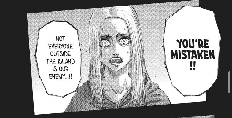 ‘Historia looks miserable, she clearly didn’t want this’. Well I’d argue that the reason she’s so miserable is, because she knows that Eren is about to massacre the entire world. But who knows, maybe she is miserable, for other reasons. We won’t know until we get her POV