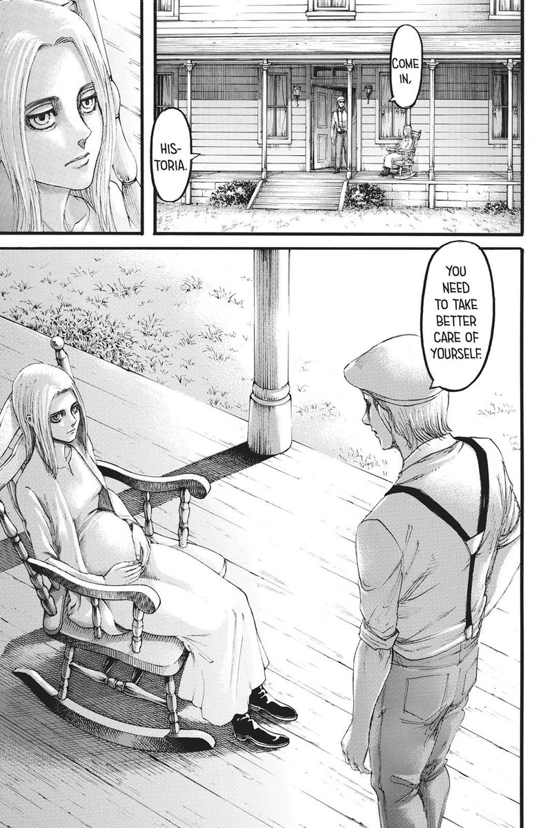 ‘Historia looks miserable, she clearly didn’t want this’. Well I’d argue that the reason she’s so miserable is, because she knows that Eren is about to massacre the entire world. But who knows, maybe she is miserable, for other reasons. We won’t know until we get her POV