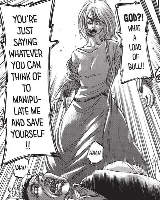 Imo, the only way to justify Historia’s lack of screen-time, is to show her positive growth as a character, by being Historia, her true self and doing what she wants. My hope is that she ‘kills the father’, and has a child because she wants to love it, unlike her parents