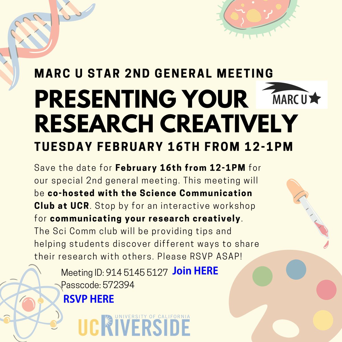 REMINDER: 2nd General Meeting tomorrow 12-1 

Join Zoom Meeting
ucr.zoom.us/j/91451455127?…

Meeting ID: 914 5145 5127
Passcode: 572394