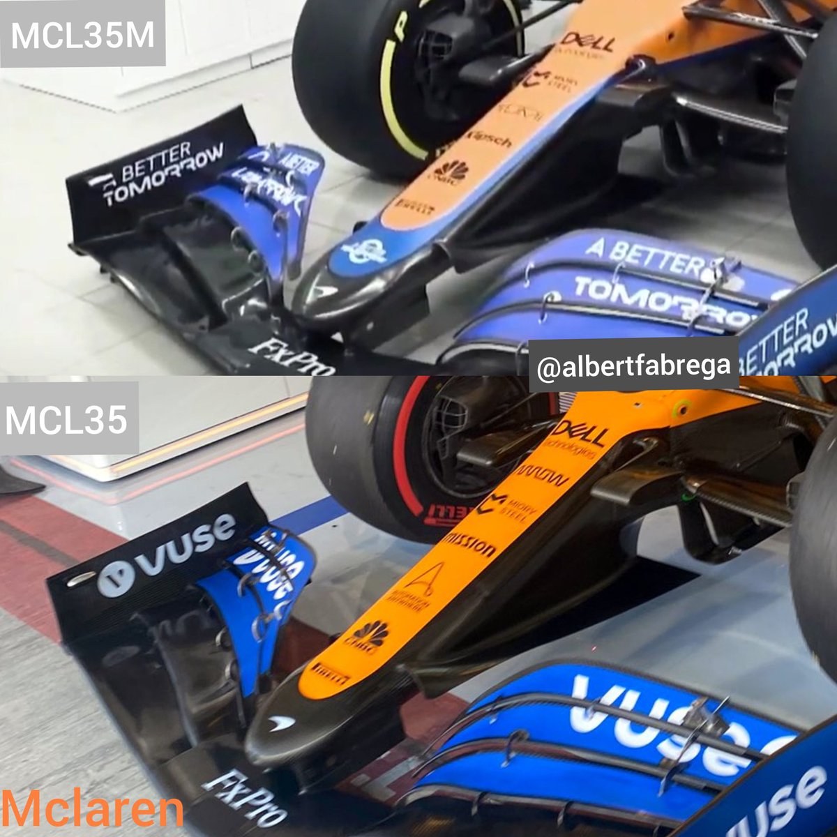 El McLaren MCL35M que hemos visto hoy es continuista en los conceptos del MCL35 adaptados al reglamento 2021. El morro es prácticamente el mismo. The McLaren MCL35M is an evo of the MCL35 concepts, designed under 2021 regulations. Front wing looks the same