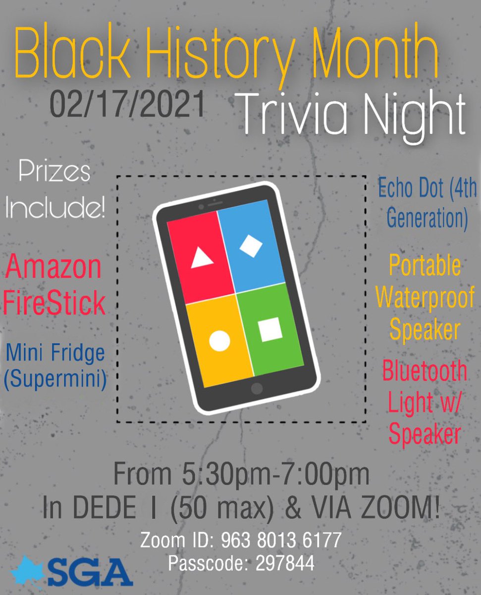 SGA Indstate (@sgaindstate) on Twitter photo HEY SYCAMORES! We hope you’re staying safe this week! 
Don’t forget about the BHM trivia this Wednesday at 5:30-7pm! Students who go in person will receive a free SGA mask! HEY SYCAMORES! We hope you’re staying safe this week! 
Don’t forget about the BHM trivia this Wednesday at 5:30-7pm! Students who go in person will receive a free SGA mask!