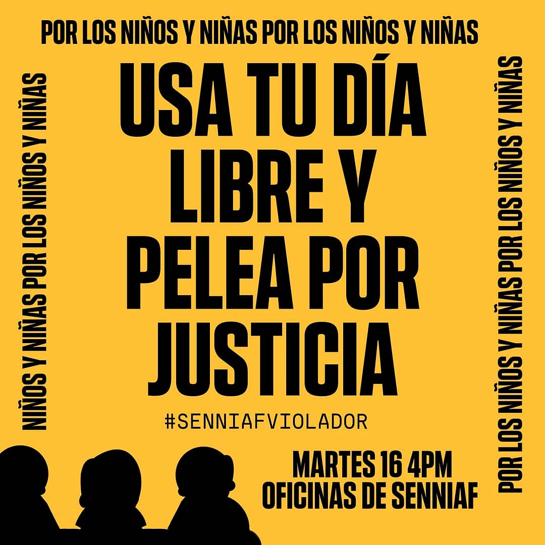 MAÑANA EN EL SENNIAF!!
4PM #SenniafViolador

Este año no es PARRANDA este año es pelea y por lo niñxs que fueron violados por el ESTADO.
#SenniafViolador
#SenniafViolador
#SenniafViolador