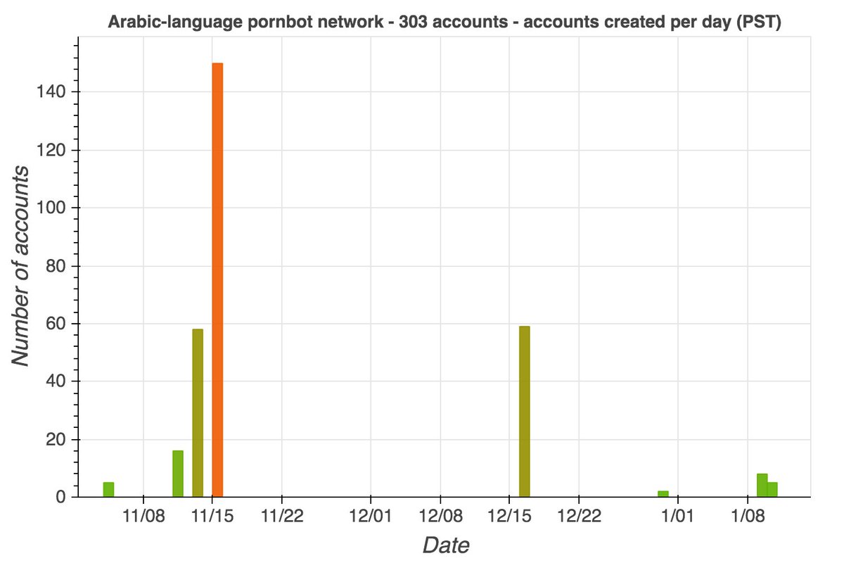 This network consists of 303 accounts created from November 2020 to January 2021, with particularly large batches created on November 13th, November 15th, and December 16th, 2020.