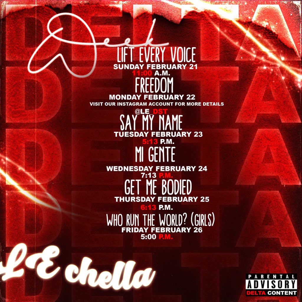 le_dst's tweet photo. The LEgendary Lambda Epsilon chapter of Delta Sigma Theta Sorority, Inc. presents: LEchella💫‼️ 

To register for all of the Delta Week 2021 events, click the link in our bio! The same zoom link will be used for all events! For more info contact: lnpm3h@umsystem.edu. https://t.co/WsCbrcASCL