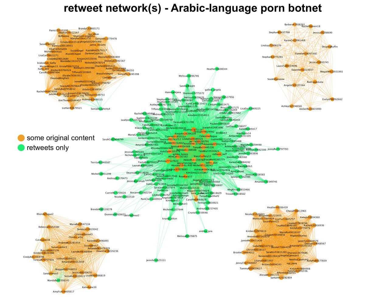 Who do the accounts in this network retweet? As it turns out, mostly each other. The retweet network consists of five separate clusters of accounts that retweet each other profusely (and do not retweet the members of the other cluster).