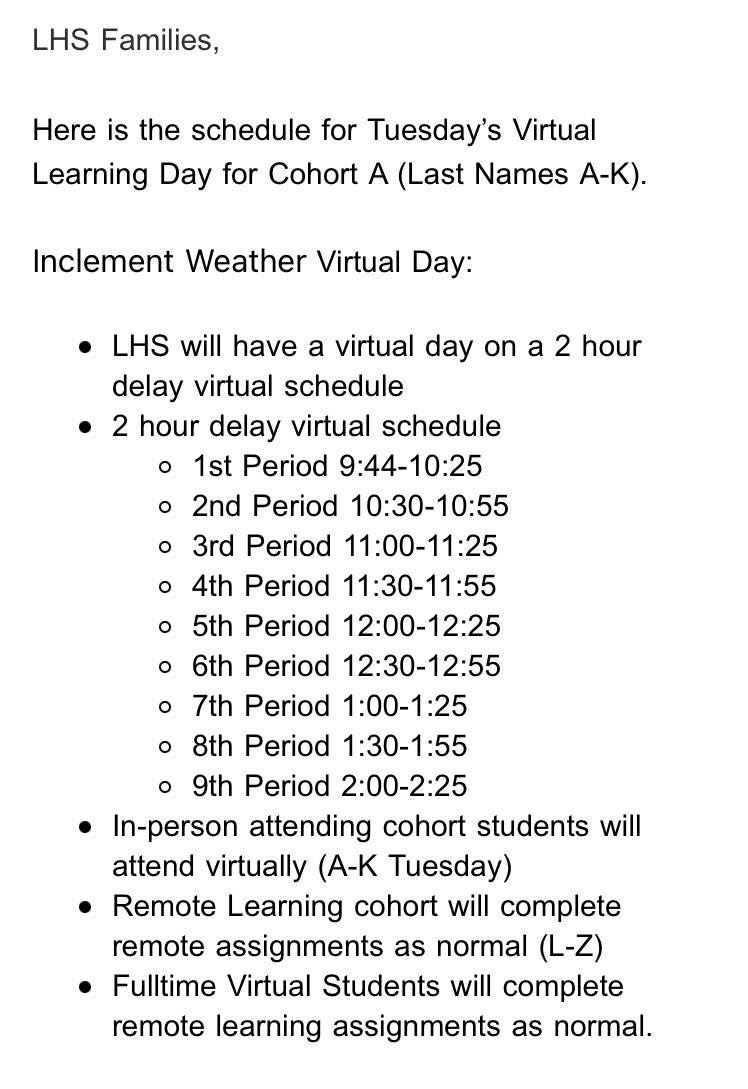 LHSGalesOffice's tweet photo. ****Please check email and social media tomorrow morning to see if we are on a full closure due to road conditions. https://t.co/rzPczKTjQB