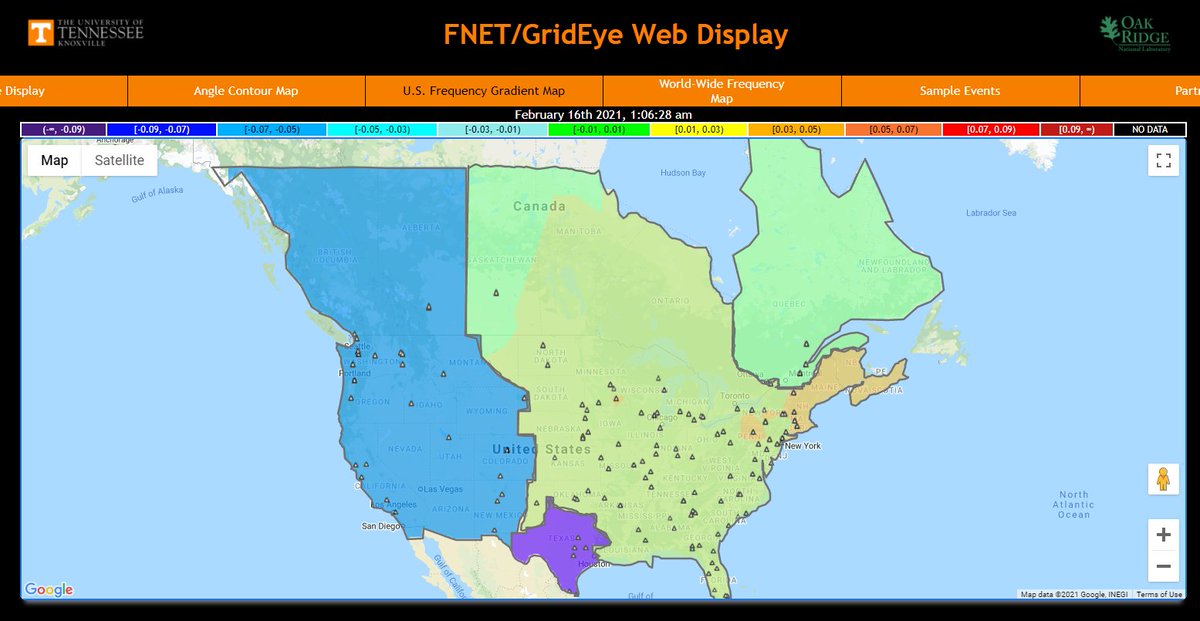 I have never seen anything purple on this map before. The Texas power grid is undergoing frequency sag to the point the needle is pinned at 0.09hz below nominal