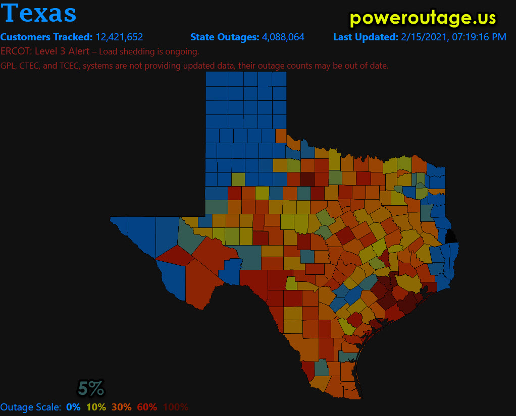 TxStormChasers's tweet photo. Twenty minutes later and we've lost another 200,000 customers. 

At 7:19 PM there are 4,088,064 without power. https://t.co/190Iny8mns