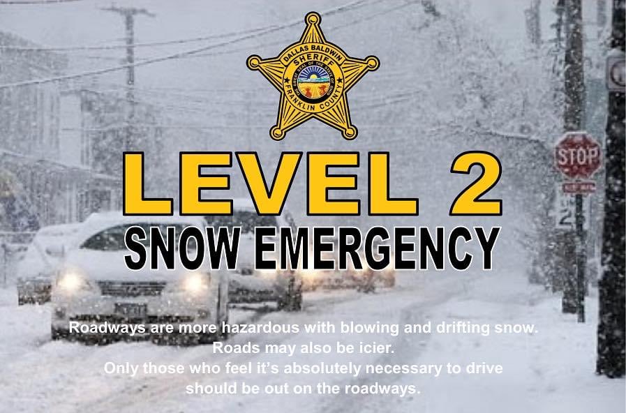 OHFCSO's tweet photo. Sheriff Dallas Baldwin has declared a Level 2 Snow Emergency in Franklin County. In addition to blowing and drifting wind, roads are icy and only necessary travel is recommended. https://t.co/eA0R4JF4yz