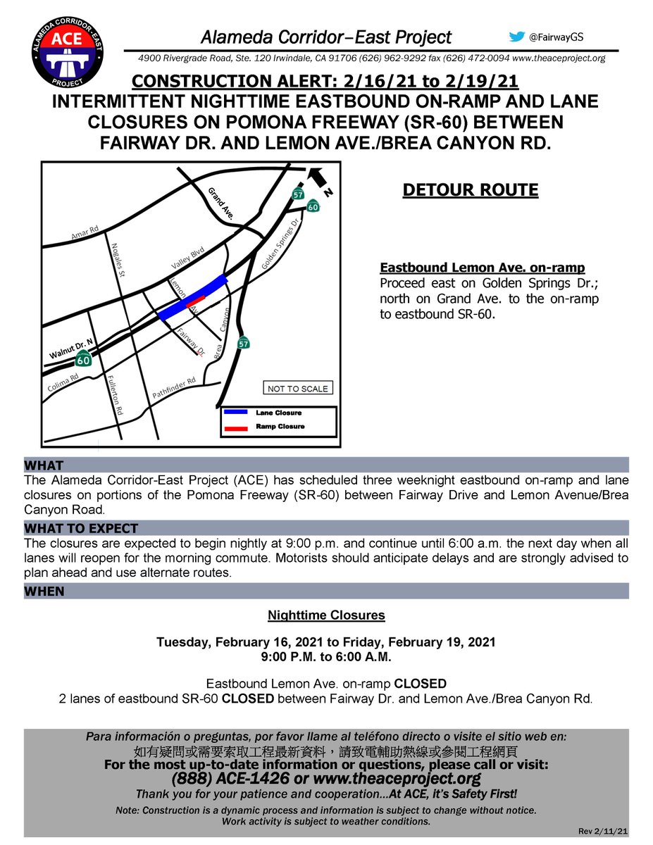 FairwayGS's tweet photo. ⚠️COMMUTER ALERT⚠️: Intermittent weeknight lane and ramp closures on eastbound #SR60 between Fairway Dr and Lemon Ave/Brea Canyon Rd nightly from 9PM and 6AM Tuesday through Friday. Please use alternate routes. #DiamondBar #CityofIndustry https://t.co/pi9tkiKYKi
