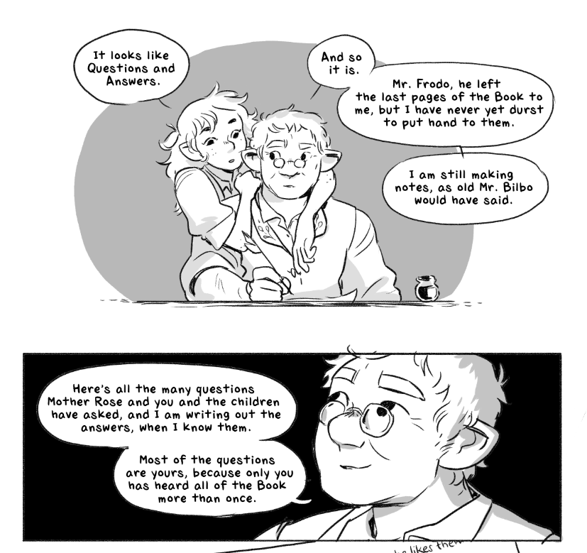 I recently read the unpublished epilogue to Lord of the Rings, a chapter framed as a conversation between Sam Gamgee and his daughter. It is really beautiful and bittersweet so I illustrated it! You can read it as a scroll here: 
https://t.co/wxiWXacLbR
1/7 