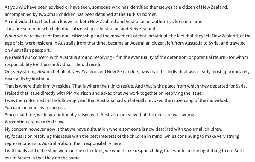 Here's NZ PM Jacinda Ardern's blast at Australia today in Wellington. In the words of one senior gallery journo, 'that's the angriest I've ever seen her'

It stood out to me that she revealed her personal representation, throwing Scott Morrison under the bus