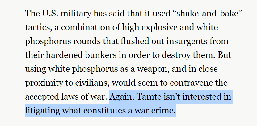We don't need you to litigate what constitutes a war crime, you disingenuous snake - there's conventions for that and while the US dodges international justice courts by threat of invasion, history has documented what war crimes were committed by the US in Iraq, and in Fallujah.