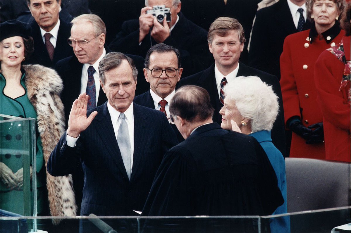 41. George H. W. Bush became the first sitting vice president to be inaugurated as president since Martin van Buren (1837) at his inauguration in 1989. He swore the oath on the George Washington Inauguration Bible. #PresidentsDay