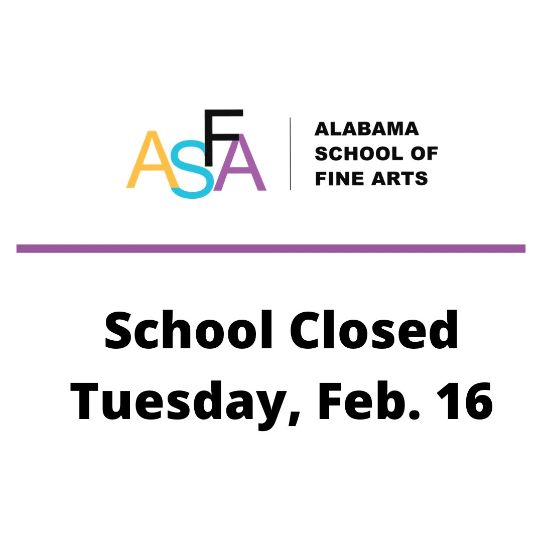 ASFA will be closed on Tuesday, February 16th. This is due to the possibility of icing on the roads and winter weather conditions extending into tomorrow. 
There will also be no virtual classes on Tuesday as many virtual learning classes rely on support from campus.