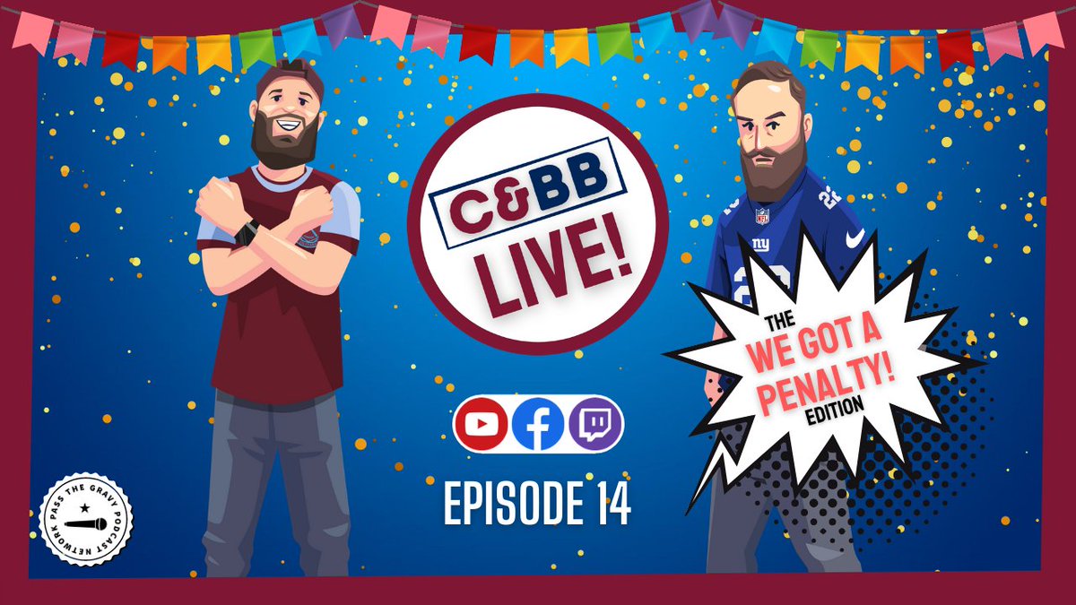 CBBPod's tweet photo. It's time to celebrate! Join Mike and Alex as they bring you the "We Got A Penalty" edition of Claret &amp; Big Blue Live!

Set your reminders now, we go live each and every Tuesday at 6pm EST, 5pm CST, 11pm GMT!

Find your platform: https://t.co/Ud3B79zzwU

#WHUFC #COYI #WestHam https://t.co/l5HKJe5O6G