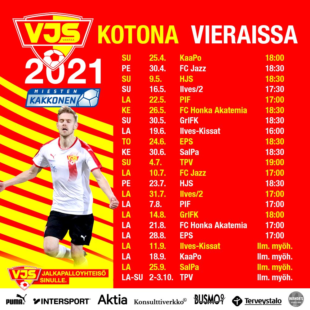 📅 Ja siitä muistiin kauden koti- ja vierasmatsit @MiestenK B-lohkossa! 

Kausi starttaa kotiottelulla <a href="/KaarinanPojat/">Kaarinan Pojat</a> vastaan sunnuntaina 25.4. klo 18.00. 

Kausikortit tulevat myyntiin perjantaina 19.2. 👌🤩

#vjsmiehet #jalkapalloyhteisösinulle #länsivantaanylpeys #kakkonen