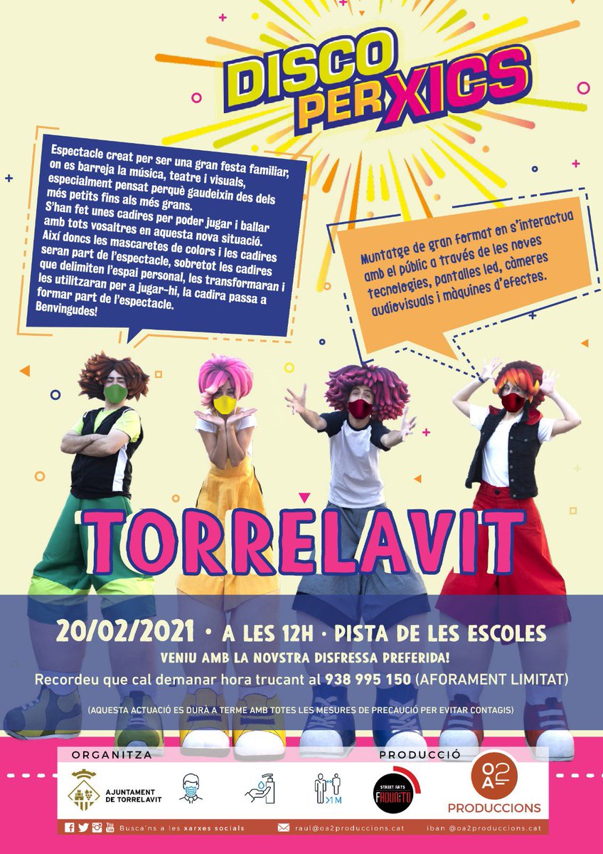 Carnaval 2021! 🎉🎉🎉
DISCO PER XICS, un espectacle per a tota la familia!!! VENIU DISFRESSATS!!
🗓 Dissabte 20 de febrer ⏰ 12:00
Pista de les escoles.
Espectacle amb totes les mesures de seguretat anti-covid. 
Cita prèvia al casal de cultura ☎️ 938995150
