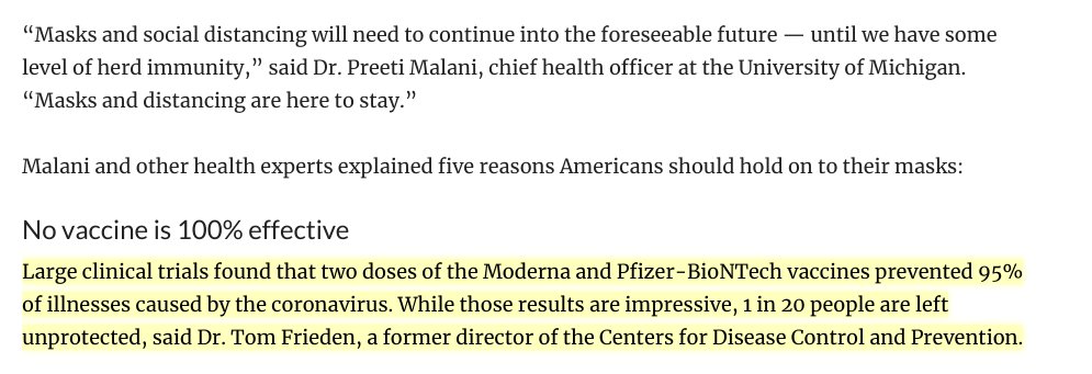 I'm flabbergasted here. This isn't a correct interpretation of vaccine efficacy—and that 95% number. It doesn't mean vaccines leave 1 in 20 people "unprotected".  https://www.timesnews.net/living/wellness/5-reasons-to-wear-a-mask-even-after-you-re-vaccinated/article_382fb8e0-5bfc-11eb-9945-2315e7061dc1.html