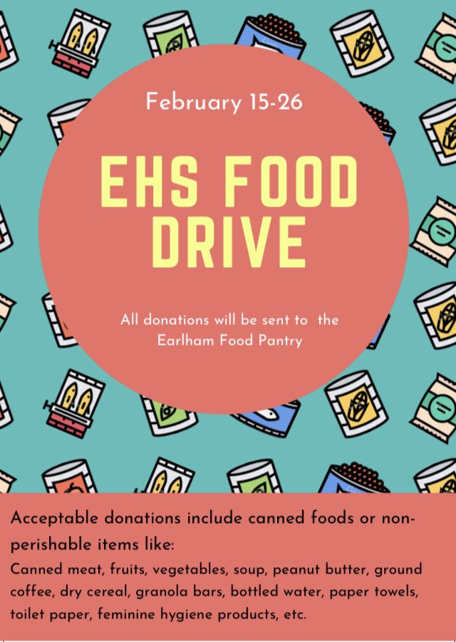 Looking for a great way to give back to the community this winter? Starting TODAY, Earlham’s NHS is laying out boxes at the South entrance of the school for any acceptable canned food or non perishable donations. All donations will be sent to the Earlham food pantry.