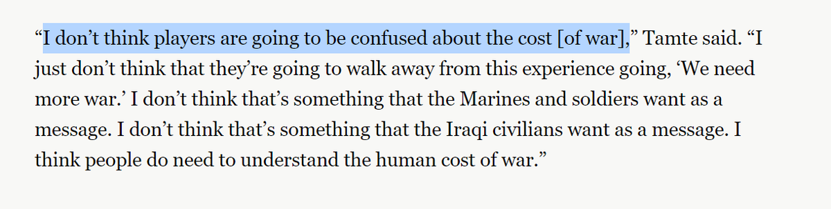 You are LITERALLY suppressing THE LITERAL COST OF WAR in the LITERAL SHAPE OF HUMAN LIVES how the FUCK can anyone NOT BE CONFUSED BY THE COST OF WARIf people are not confused by the cost of the Fallujah war, it seems it will be DESPITE your game, not BECAUSE of it