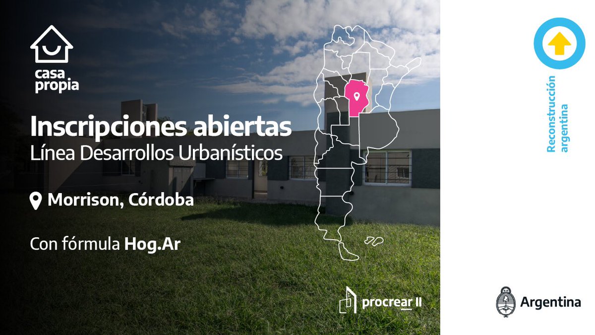 Procrear's tweet photo. Junto con los Desarrollos Urbanísticos de Alejandro Roca, Cavanagh y Viamonte, Morrison es otro de los predios #ProcrearII que se encuentran abiertos para la inscripción en la provincia de Córdoba. 

+info: https://t.co/kBWUV0ufbl
#ReconstrucciónArgentina⬆️ https://t.co/R1fLXBE7iF