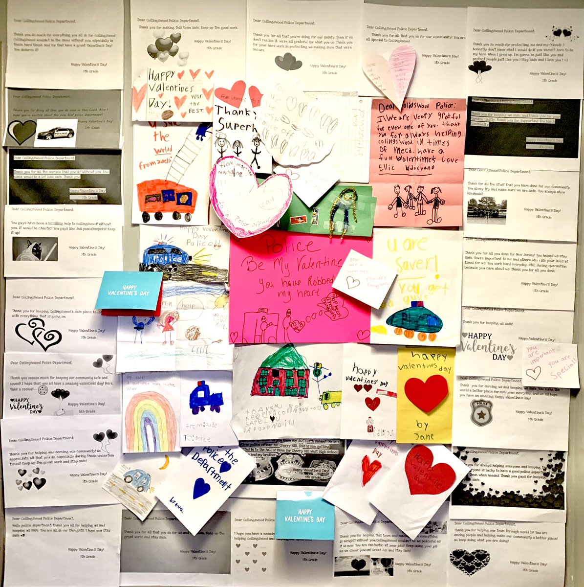 Just when we thought we would have a lonely Valentine’s Day, the students from Mark Newbie dropped off some love for our officers. The warm thoughts now adorn the walls of our station to help bring us joy for the rest of the month.

@Collingswood_NJ <a href="/colls_newbie/">Mark Newbie School</a>