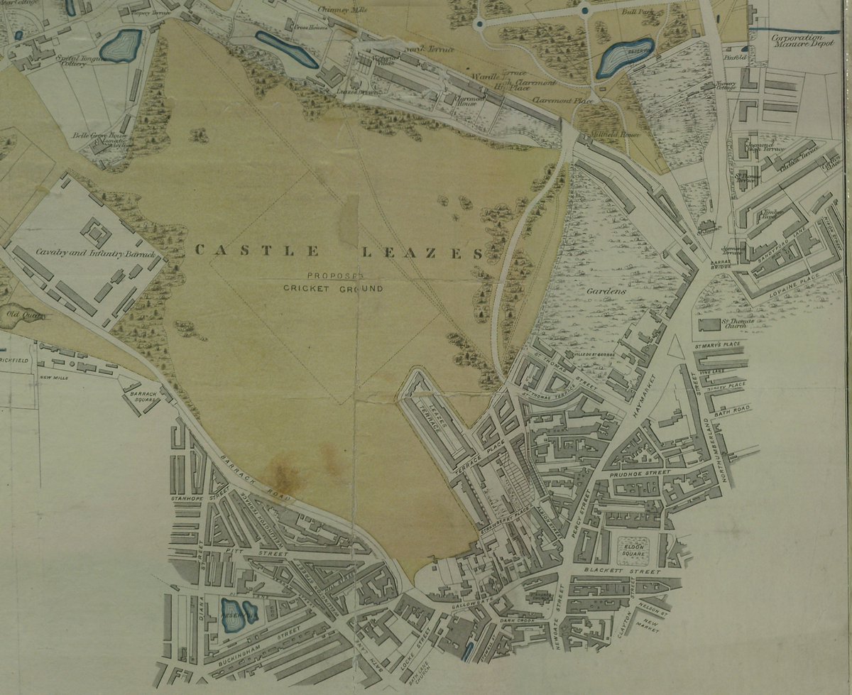 And here is the overall plan of Leazes Park, featuring a proposed Cricket Ground (not far off a similar plan not long ago  http://stadiumdb.com/designs/eng/leazes_park) and Spital Tongues Colliery which was the origin of the  @Victoria_Tunnel. Gallowgate and Strawberry Place feature..