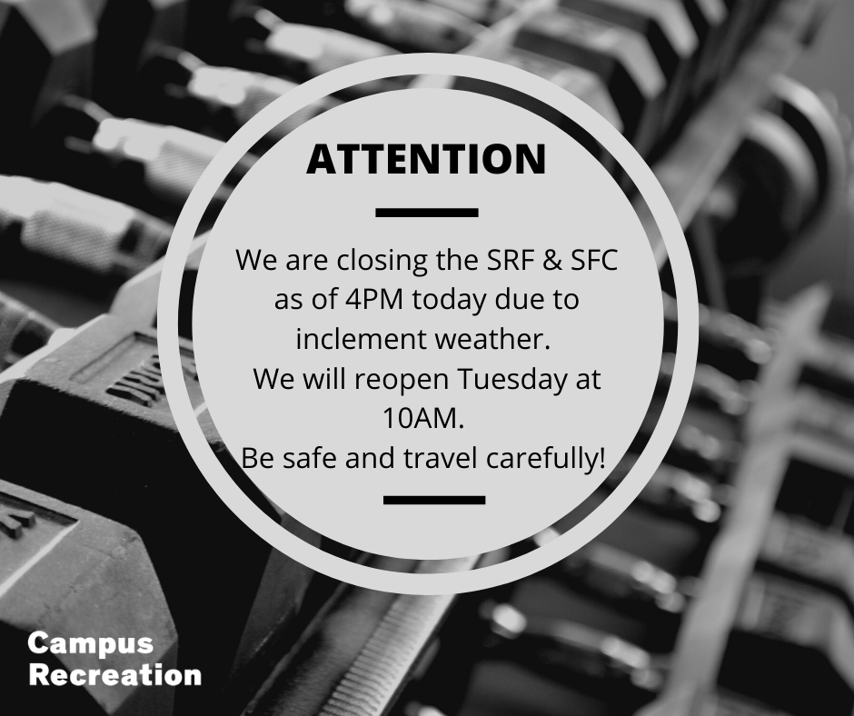 UICRecWell's tweet photo. UPDATE: We are closing at 4pm today and will reopen tomorrow, Tuesday, at 10am. Travel carefully! https://t.co/NMwz0nzc7m