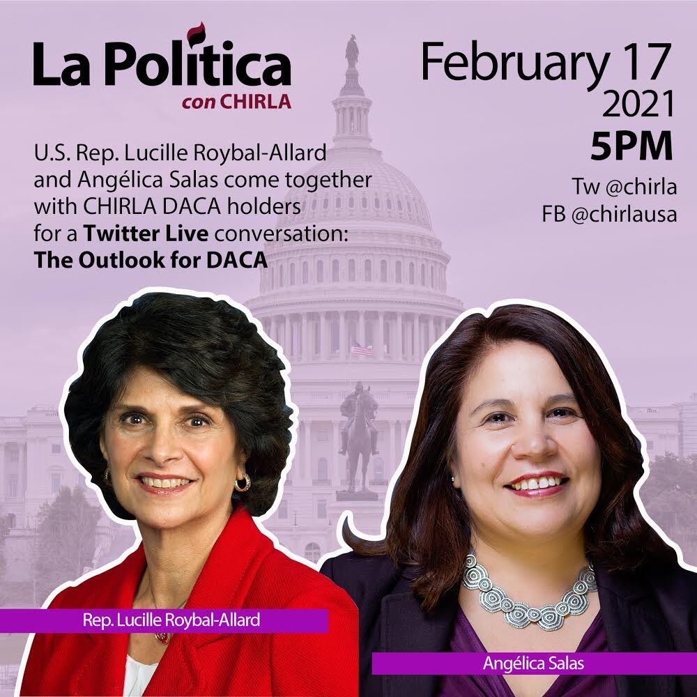 CHIRLA's tweet photo. This Wednesday at 5pm, our executive director @AngelicaCHIRLA will moderate a conversation with @RepRoybalAllard on the current outlook for DACA. Watch on Facebook Live or right here on our Twitter page! https://t.co/7c9ZgmlglK