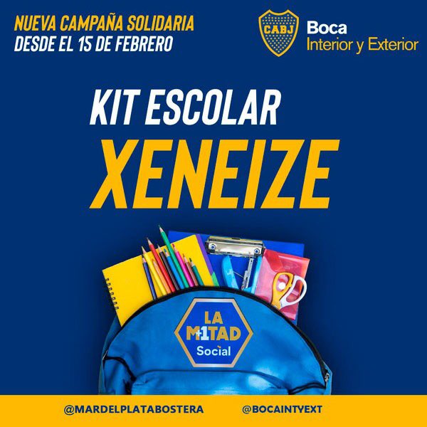 Kit escolar Xeneize📘📒📘

Con motivo del inicio próximo inicio de clases, desde <a href="/LaMitadMas1_Mdq/">La Mitad + 1 MDQ</a> nos sumamos a una nueva campaña impulsada desde <a href="/BocaIntyExt/">Boca Interior y Exterior</a> para juntar útiles escolares.
Los mismos serán donados a una ONG o entidad benéfica de nuestra ciudad.

#BocaEnTodosLados