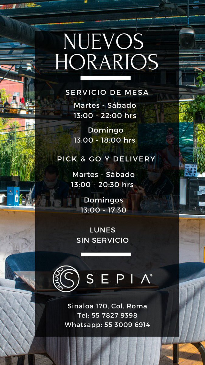 Conoce los nuevos horarios de la terraza de #Sepia ¡Los esperamos con todas las medidas de higiene recomendadas por las autoridades!
