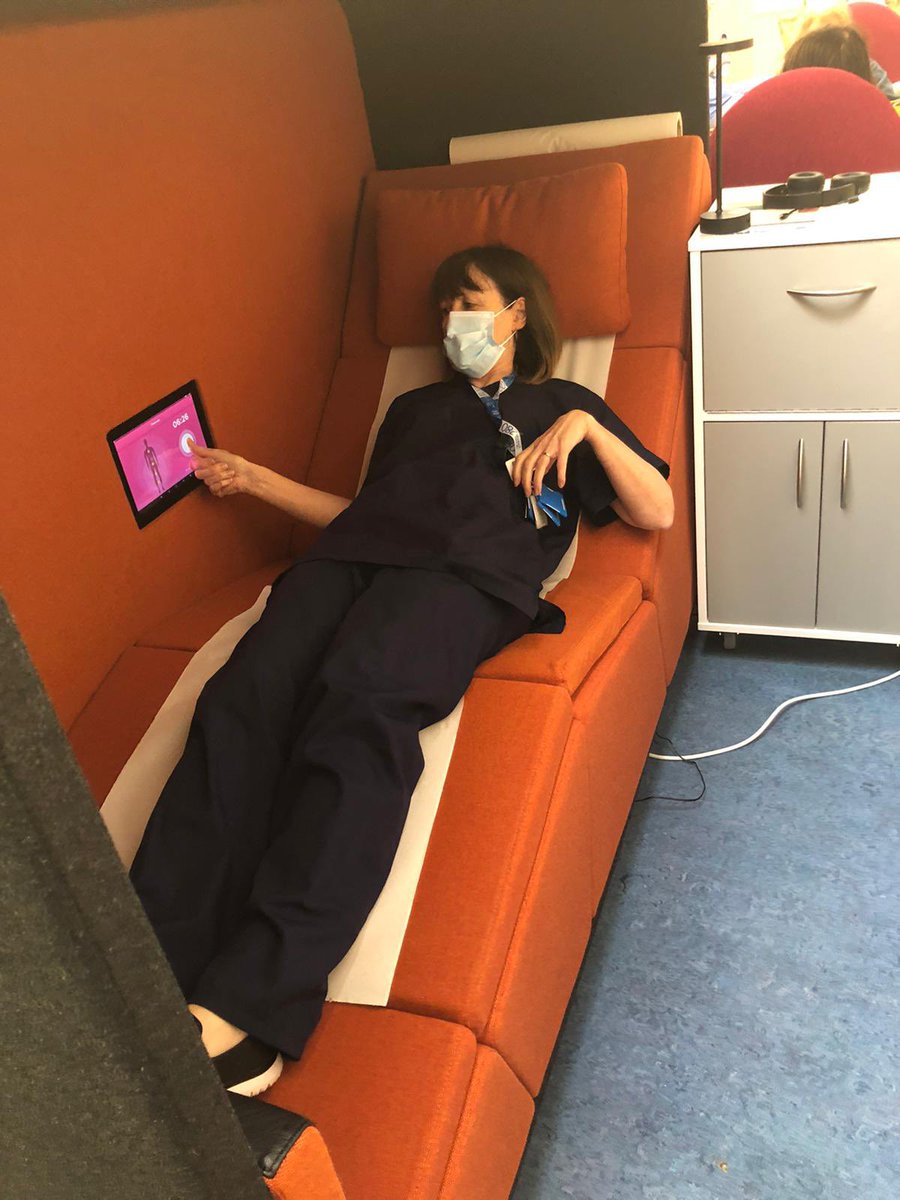 A_WilliamsNHS's tweet photo. Enjoying a moment of relaxation in the wellbeing centre @WhippsCrossHosp @AlanGurney6 Great to see our wellbeing hubs @NHSBartsHealth being used &amp; appreciated by our staff @geraldi134 @Michael_Pantlin @clairedavis45 😊 https://t.co/ETIvjvX6w8