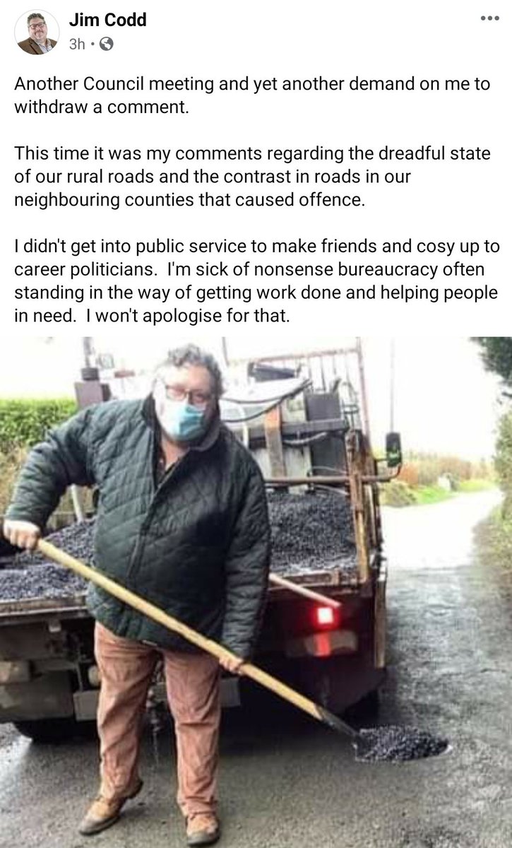 tomasocarthaigh's tweet photo. Honest politics is what makes #Aontu different.
They expect #JimCodd to lie and say all is fine in the garden when it's not. The check of them.
Far better for @wexfordcoco / @NRAIreland to actually FIX the roads. @Wexford_People @AontuWexford @Wexford_Weekly @WexfordEcho https://t.co/S0O7uY2Gl1