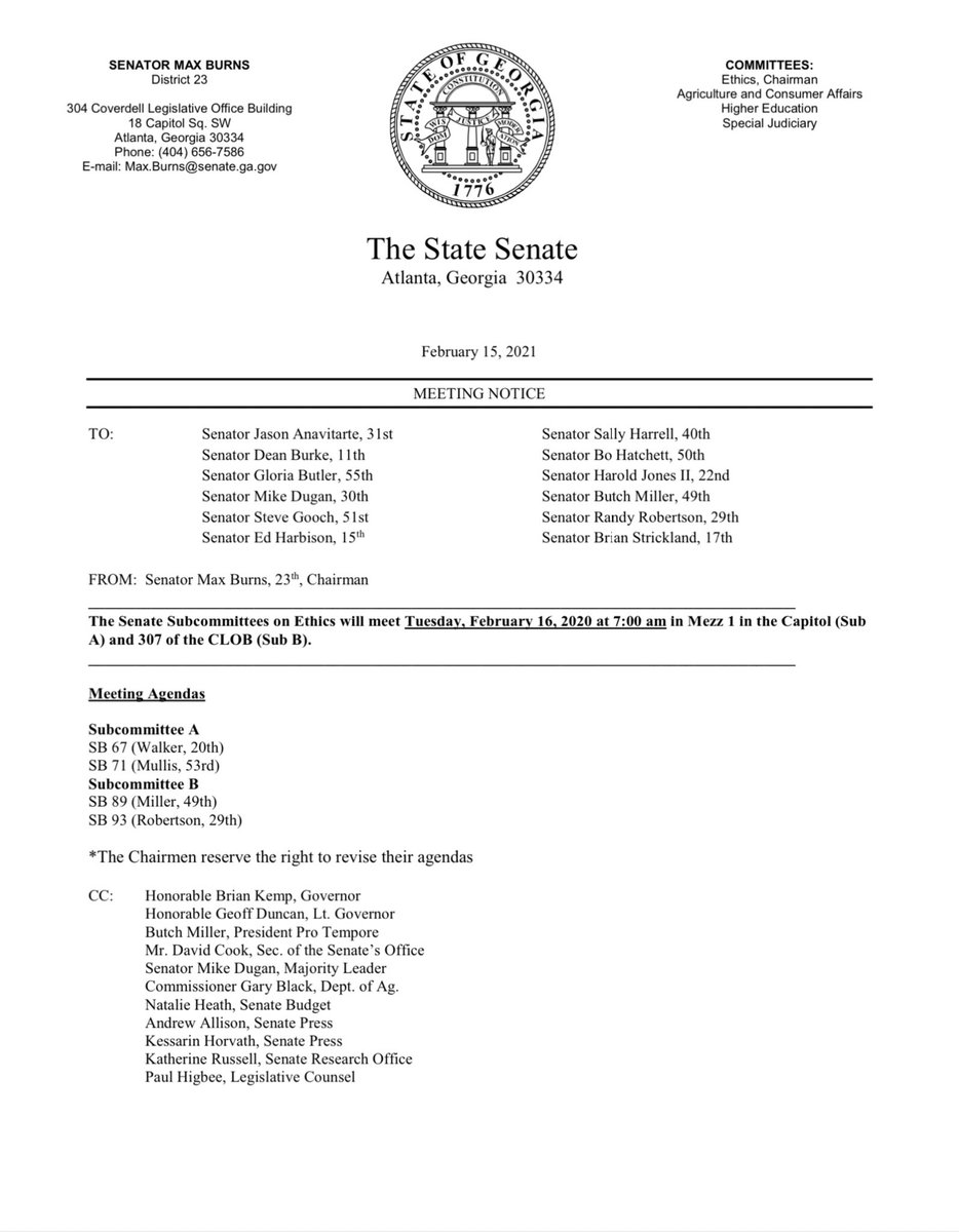 Tuesday morning at 7am-BOTH subcommittees of the Senate Ethics committee are meeting at the same time to talk about proposed bills. So no one can watch all of the proposals to strip Georgians of their voting rights.