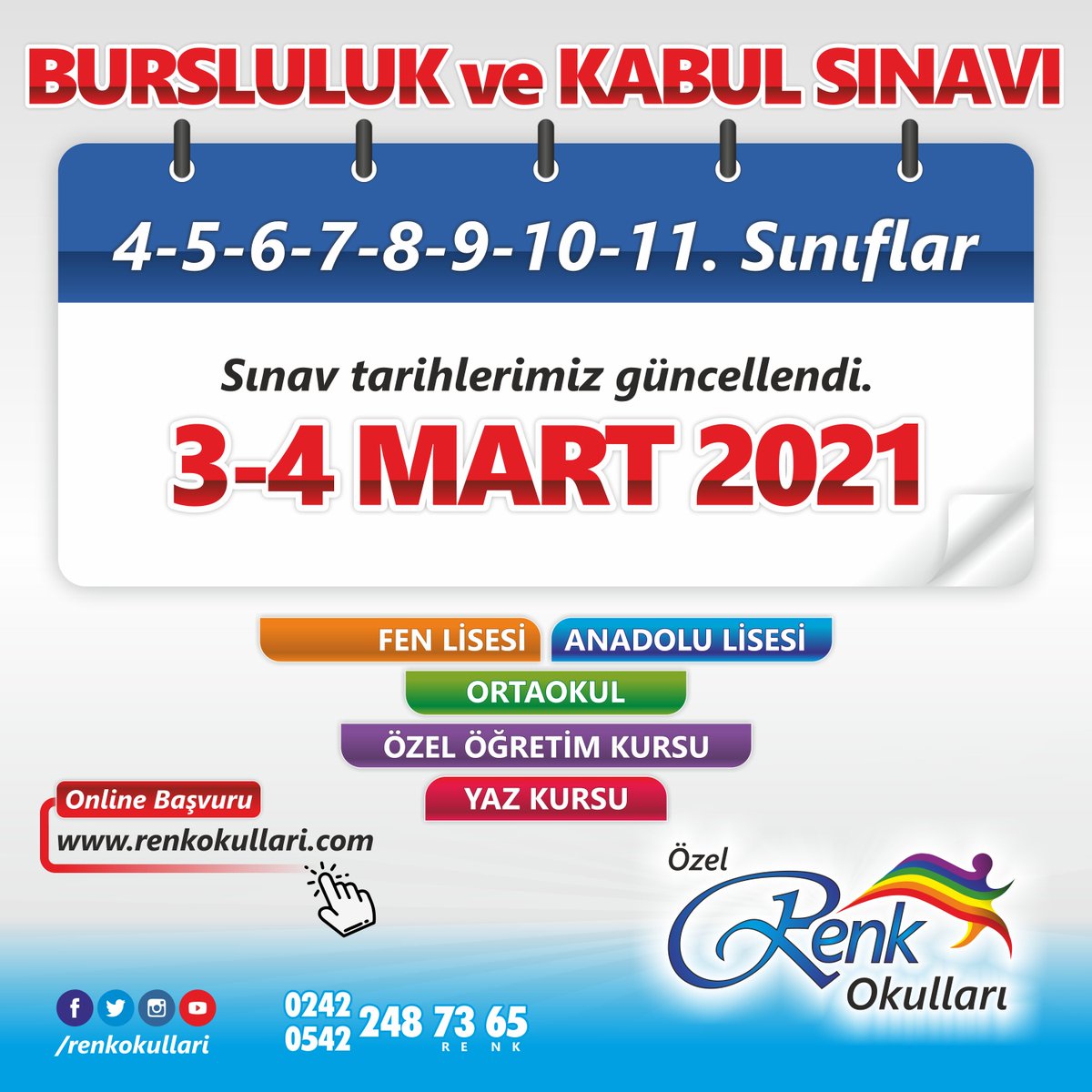 renkokullari's tweet photo. Bursluluk ve Kabul Sınavı
4-5-6-7-8-9-10-11. Sınıflar
Başvuru için: https://t.co/OEM4eOW5Ay

#kabulsınavı #sınav #bursluluksınavı #bursluluk #RUEP #sadecerenkyeter #renkrehberlik #renkkamp  #ortaokul #anadolulisesi #fenlisesi #özelokul #okul #özelöğretimkursu #eğitim #antalya https://t.co/J0K5ynEznk