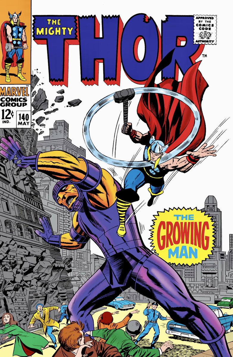 Thor (May1967) #140
Thor returns to Earth only to face “The Growing Man!” Script Stan Lee, Plot-Penciler Jack Kirby, Inker Vince Colletta: Muddled motivations on the part of both Thor and Kang - who makes an all-too brief appearance - make for a middling tale. 3/5 TfA: TBB 4/5 https://t.co/iUrf7pDZqn