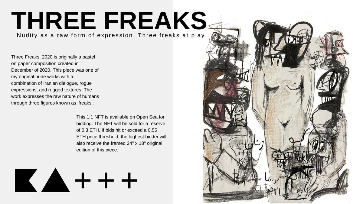 kooshaazim's tweet image. Auctioning off Three Freaks [ 1:1 NFT ] on Thursday, Feb 18 at @itstheAGAH - This piece was one of my original nude works with a combination of Iranian dialogue, rogue expressions, and rugged textures. CC: @pan_danil
More details: kooshaazim.com/three-freaks-2…