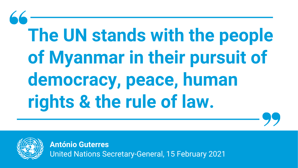"The UN stands with the people of Myanmar in their pursuit of democracy, peace, human rights &amp; the rule of law."

<a href="/antonioguterres/">António Guterres</a> says that Myanmar’s military and police must ensure the right of peaceful assembly is fully respected. news.un.org/en/story/2021/…