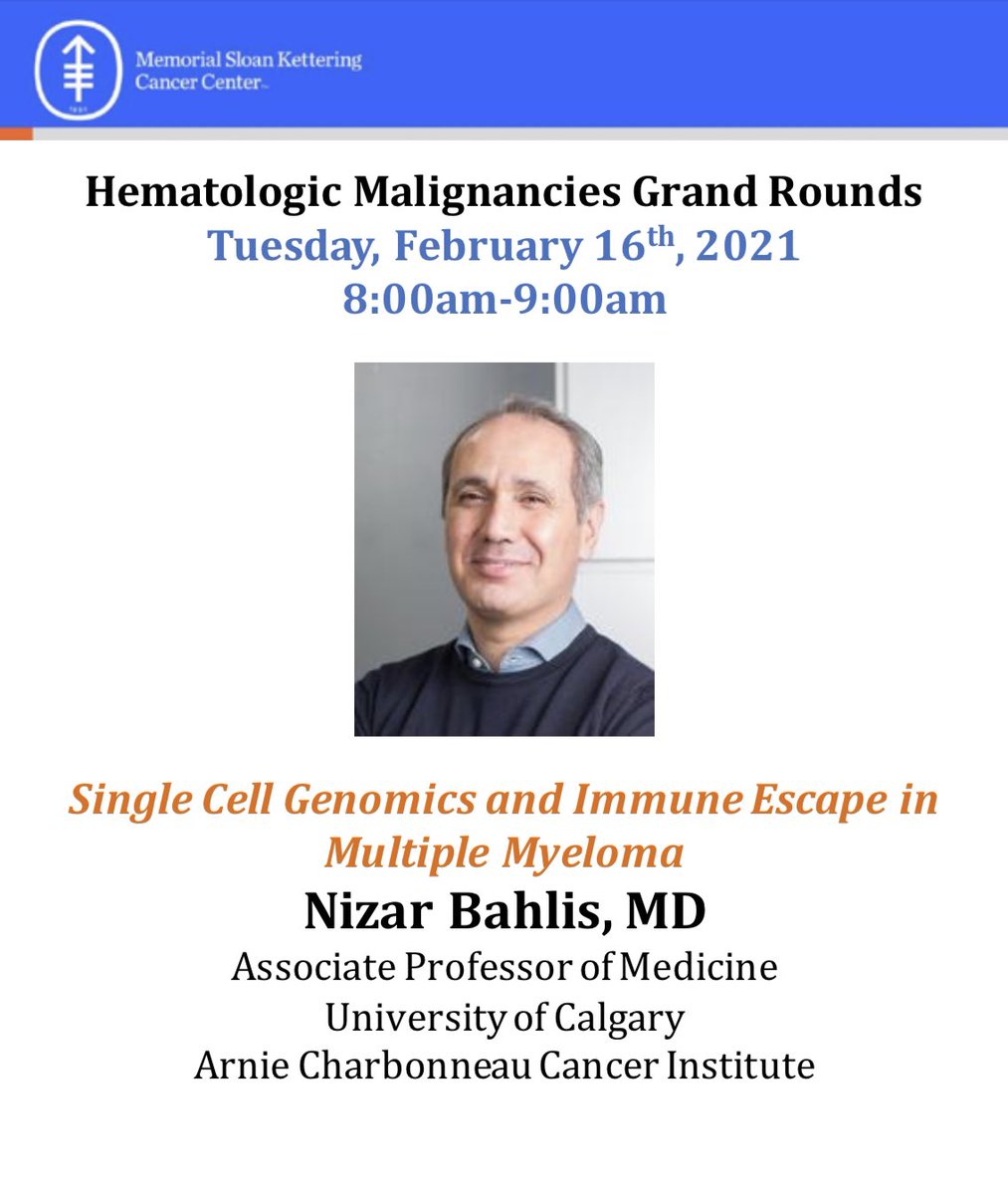 MSKGrandRounds's tweet photo. We’re super excited to have @NBahlis present on “Single Cell Genomics &amp; Immune Escape in Multiple Myeloma” at our grand rounds tomorrow! Don’t forget to tune in! https://t.co/s0vOmRFMV0