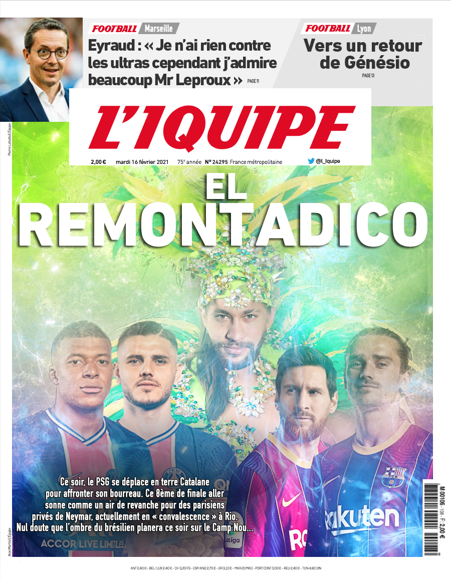 L_iquipe's tweet photo. Voici la une du journal L'Iquipe du mardi 16 février :
- 8ème de finale aller - Le PSG se déplace à Barcelone
- Marseille, le plan Eyraud est lancé
- Lyon, vers un retour inattendu
#FCBPSG #ChampionsLeague #EyraudDemission #TeamPSG #TeamOM #TeamOL #Neymar #starsanu #NickiMinaj https://t.co/pXJ5msbIOi