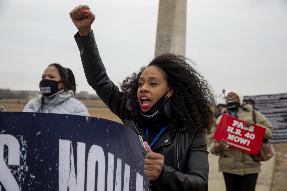 DCist's tweet image. On Sunday, despite freezing temperatures, organizers with the March For Reparations led a march to pressure the Biden Administration to act in its first 100 days. dcist.com/story/21/02/15…
