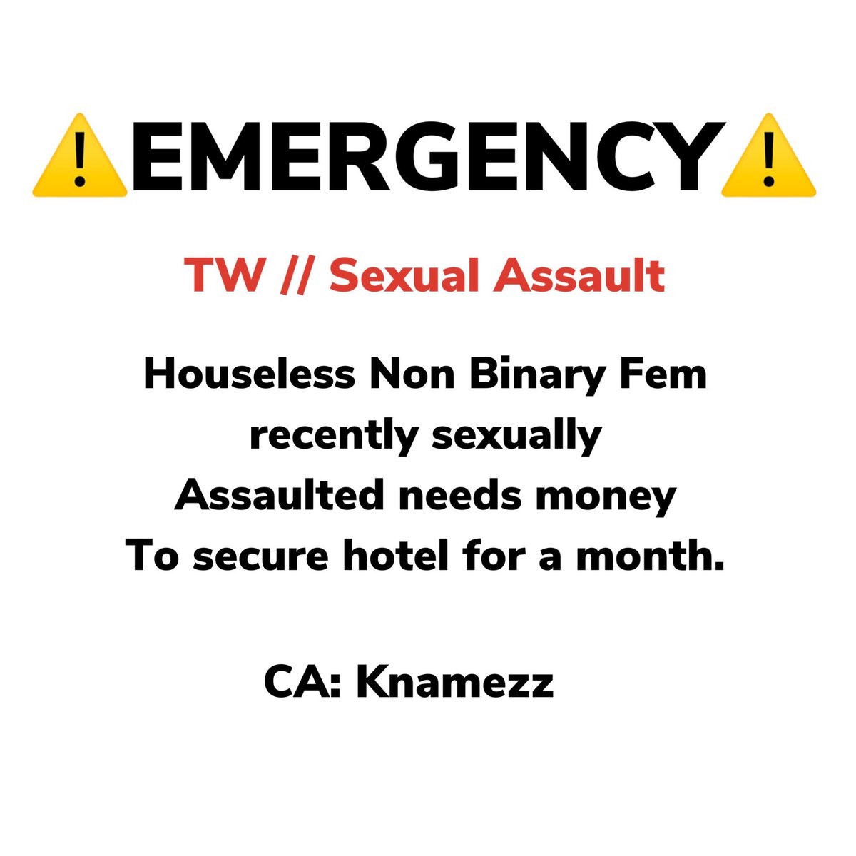 SayTheyThm's tweet photo. please dnt scroll past this ! tonight is my last night at this hotel and i will be on the streets . after experiencing sexual assault, I dont want to be alone on the streets again so I am desperately begging for $1,200 so I can book a hotel another 30 days pls ! $knamezz https://t.co/1Ds6w8g1Di