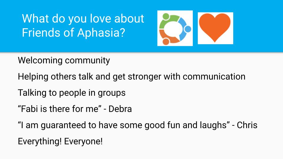 FriendsAphasia's tweet image. In conversations, we shared our love for laughing,growing, and getting together as a community.

Share in the comments: What do YOU love about Friends of Aphasia?

 Visit our website to learn more: wwww.friendsofaphasia.com.

#AphasiaRecovery #FriendsofAphasia