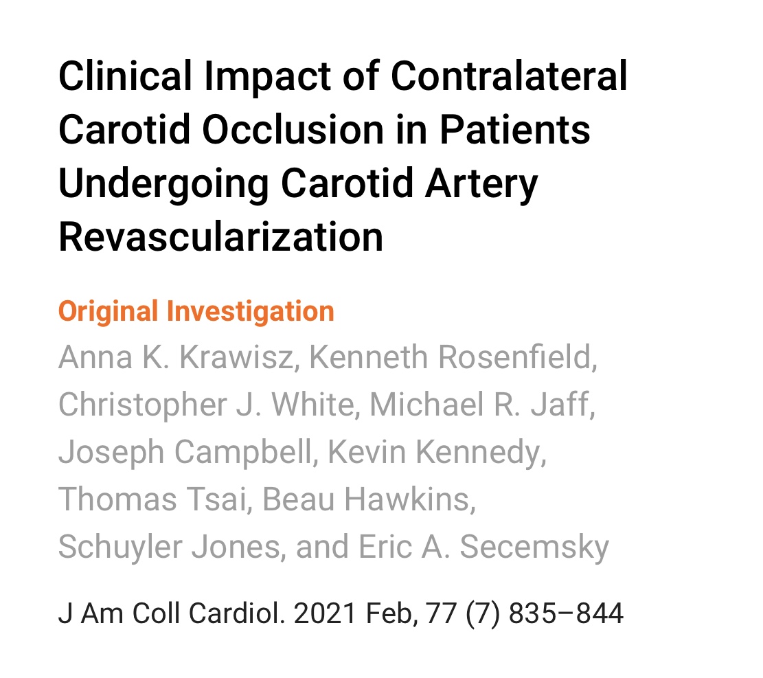 Pts w/ contralateral carotid occlusion (CCO) are high-risk for carotid revasc. How does CCO impact outcomes for undergoing carotid artery stenting (CAS) vs CEA?Check out our paper  http://bit.ly/3tZCTJ7&nbsp; in  @JACCJournals and Tweetorial !  @EricSecemskyMD