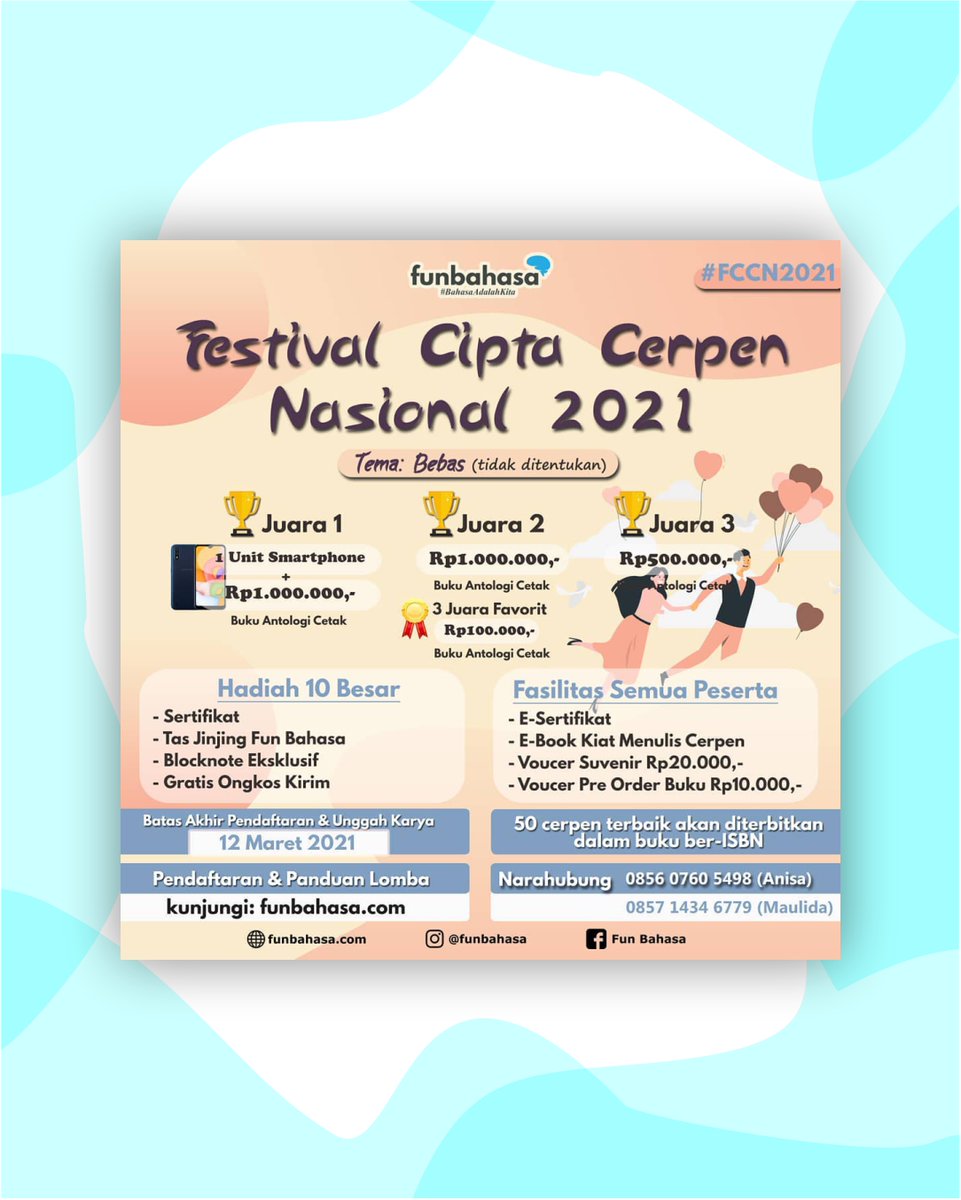 hello apa kabar menanti event cerpen tidak? yuk ikutan. info lengkap dapat di akses di: balailombaindonesia1.blogspot.com/2021/02/info-l…

#infolomba #cerpen #menuliscerpen #lombacerpen #lombacerpennasional #funbahasa #balailombaindonesia #bli